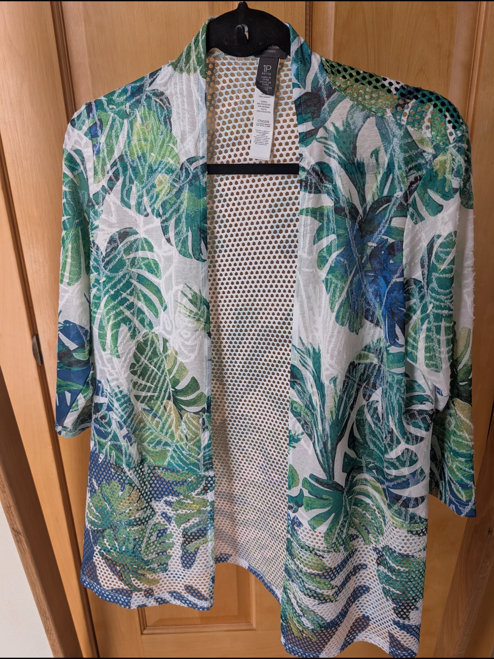 Chico's Blue & Green Tropical Leaf Open Cardigan Swim Coverup Travelers